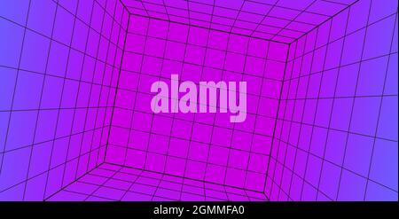 3d Grid perspective laser room in technology style. Virtual reality tunnel or wormhole. Abstract vaporwave background Stock Vector