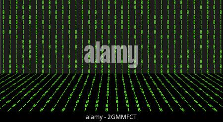 3d Grid perspective room in matrix technology style. Virtual reality tunnel or wormhole. Abstract binary computer code background Stock Vector