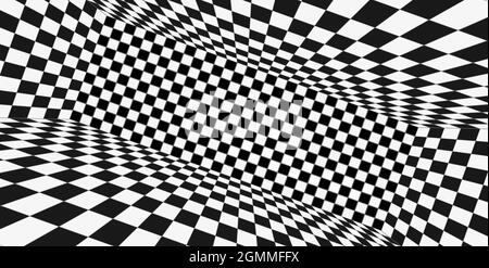 Grid perspective black and whte room. Chess wireframe background. Digital cyber box technology model. Vector abstract illusion template Stock Vector
