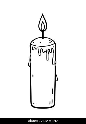 Burning candle with dripping wax isolated on white background. Vector hand-drawn illustration in doodle style. Perfect for cards, logo, holiday designs, decorations. Stock Vector