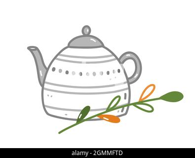 Cute ceramic teapot with autumn twig isolated on white background. Vector hand-drawn illustration in doodle style. Perfect for cards, holiday designs, decorations, invitations. Stock Vector