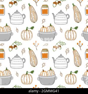 Seamless pattern with autumn elements - pumpkins, acorns, cute teapot, a jar of jam, leaves and berries. Vector illustration in doodle style. Perfect for holiday designs, wrapping paper, decorations. Stock Vector