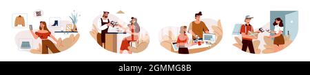 People use phone for scan and pay with qr code. Buyers paying by mobile app on smartphone via pos terminal in cafe, restaurant or shop. Cashless and contactless payment system vector flat illustration Stock Vector