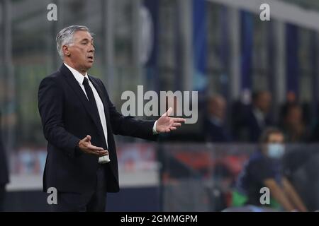 Milan, Italy, 15th September 2021. Carlo Ancelotti Head coach of Real Madrid reacts during the UEFA Champions League match at Giuseppe Meazza, Milan. Picture credit should read: Jonathan Moscrop / Sportimage Stock Photo