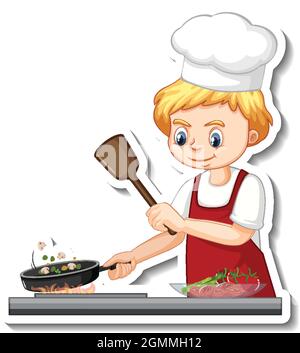 Sticker design with chef boy cooking food cartoon character illustration Stock Vector