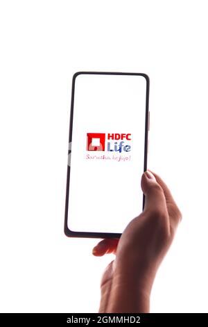 West Bangal, India - August 21, 2021 : HDFC Life Insurance logo on phone screen stock image.