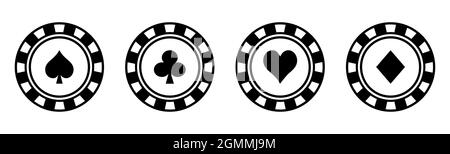 Set of poker chips black icons. Poker symbols with spades, hearts, diamonds, clubs. Vector illustration isolated on white backgroud Stock Vector