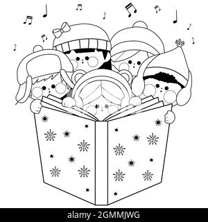 Group of children singing Christmas carols.Black and white coloring page. Stock Photo