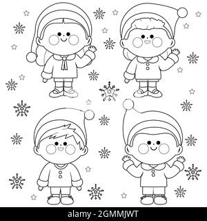 Group of children in Christmas Santa Claus costumes. Black and white coloring page. Stock Photo