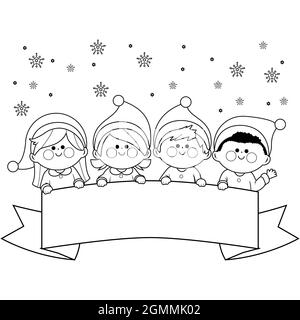 Children in Christmas costumes and blank banner. Black and white coloring page. Stock Photo