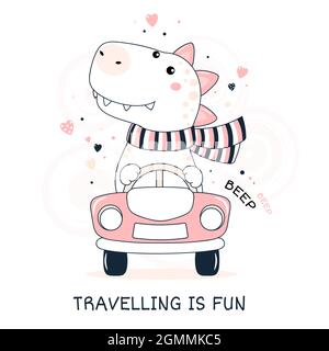 Cute traveler dinosaur rides in the car. Adventurer dino travels by car. Inscription Travelling in fun. Can be used for poster, print, t-shirt design. Stock Vector