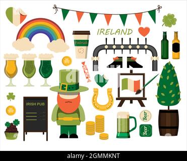A large set of flat icons for Saint Patrick s Day A set of illustrations for a party, invitation, postcard or banner. Vector clipart with images of Stock Vector