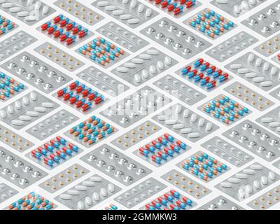 Isometric pattern made of diverse pharmaceutical blister packs with pills isolated on white. Photorealistic 3d illustration Stock Photo