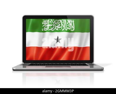 Somaliland flag on laptop screen isolated on white. 3D illustration render. Stock Photo