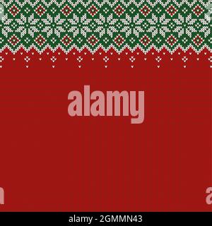 Knitted background with copyspace. Red, green and white sweater pattern for Christmas, New Year or winter design. Traditional scandinavian ornament. Stock Vector