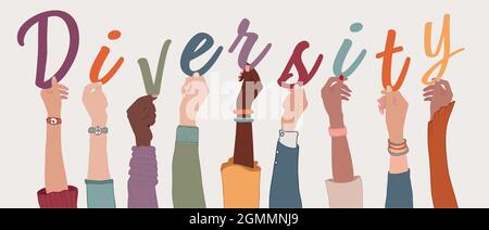 Raised arms of a group of diverse multi-ethnic international people holding the letters forming the word Diversity in their hands. Racial equality Stock Vector