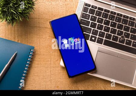 West Bangal, India - August 21, 2021 : My Gov app logo on phone screen stock image. Stock Photo