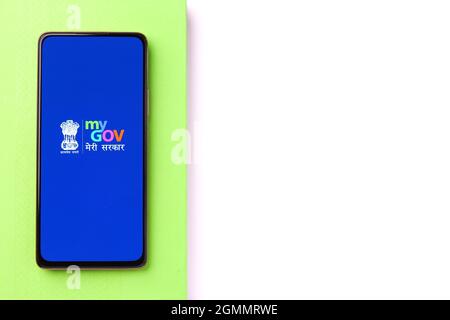 West Bangal, India - August 21, 2021 : My Gov app logo on phone screen stock image. Stock Photo