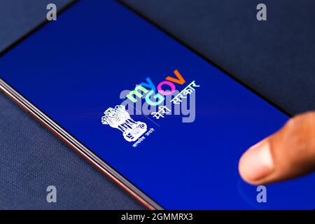 West Bangal, India - August 21, 2021 : My Gov app logo on phone screen stock image. Stock Photo