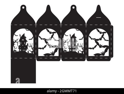 Happy Halloween treat box. Gift party favor box for sweets, candies, small presents, bakery. Simple packaging die cut template for laser cut with bats Stock Vector
