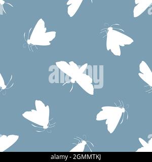 Vector white butterfly on delft blue background. Seamless pattern backdrop with varied silhouettes of butterflies. Simple flying bugs scattered design Stock Vector