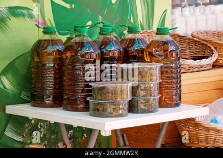 Homemade olive oil and fresh pickled grape leaves in plastic bottles for sale on the counter in a rural farmers market. Stock Photo