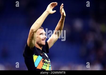 Milano, Italy. 18 September 2021. Edin Dzeko of Fc Internazionale  celebrates at the end of the Serie A match between Fc Internazionale and Bologna Fc. Stock Photo