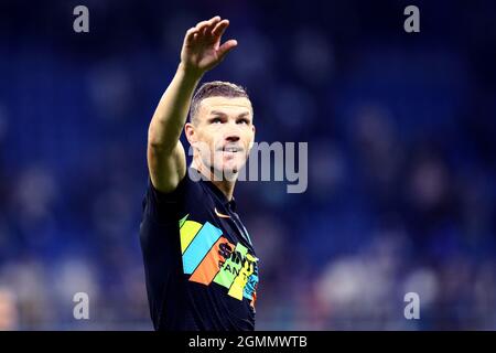 Milano, Italy. 18 September 2021. Edin Dzeko of Fc Internazionale  celebrates at the end of the Serie A match between Fc Internazionale and Bologna Fc. Stock Photo