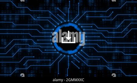 Download symbol centered into information connecting lines on blurred binary code background - data storage business technology network concept Stock Photo