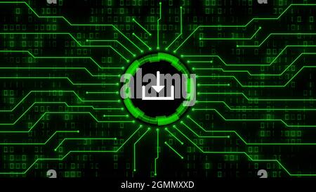 Download symbol centered into information connecting lines on blurred binary code background - data storage business technology network concept Stock Photo