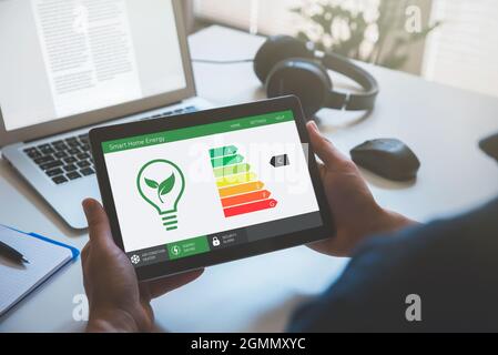 Energy efficiency mobile app on screen. Ecology, eco house concept Stock Photo