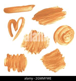 Collection of gold glittering acrylic brush strokes isolated on a white background. Decorative design elements. Stock Photo