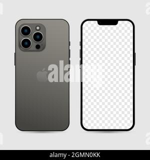 Vinnytsia, Ukraine - September 20, 2021. New iphone 13 pro graphite color, front and back side. Smartphone mock up with transparent screen. Illustrati Stock Vector