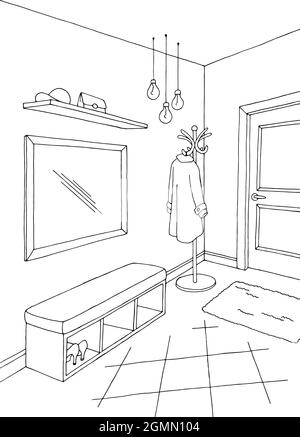 Hallway graphic room black white interior sketch illustration vector ...
