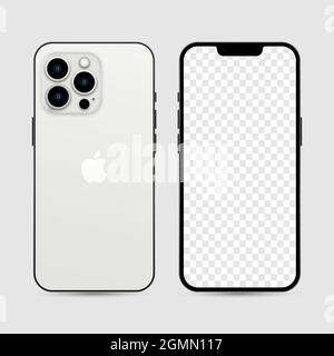 Vinnytsia, Ukraine - September 20, 2021. New iphone 13 pro silver color, front and back side. Smartphone mock up with transparent screen. Illustration Stock Vector