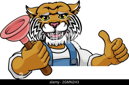 Wildcat Plumber Cartoon Mascot Holding Plunger Stock Vector