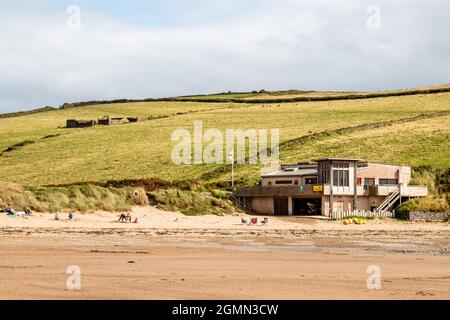A view of the exterior of the RNLI lifeguards station building on Bantham Beach, Devon. Stock Photo
