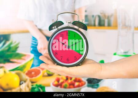 Woman's hand holding a clock in a kitchen. Intermittent fasting concept.  Empty copy space for Editor's text.