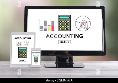 Accounting concept shown on different information technology devices Stock Photo