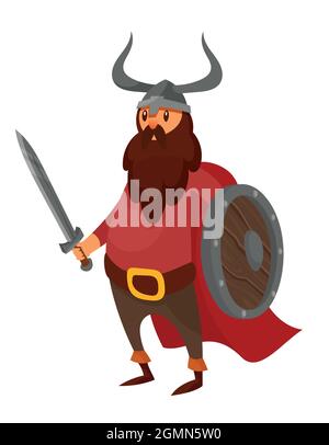 Viking holding sword and shield. Scandinavian character in cartoon style. Stock Vector
