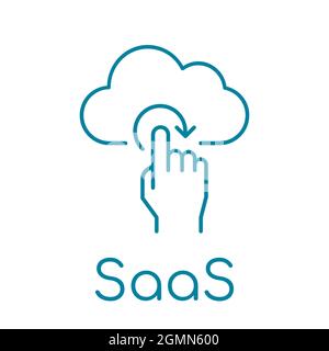 SaaS line icon. Software as a Service symbol. Cloud with index finger sign. On demand software licensing. Cloud computing platform. Vector, flat. Stock Vector