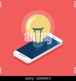 Lightbulb idea on the smartphone screen isometric. Vector illustration Stock Vector
