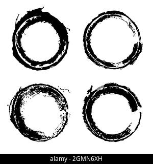 Set of grunge scratch circles. Vector frames. Isolate black distress textures. Dirty design elements for borders, emblems, badges, labels Stock Vector