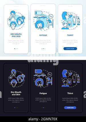 Dehydration symptoms light, dark onboarding mobile app page screen Stock Vector