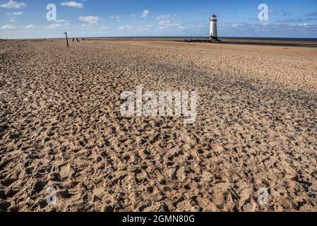 The Point of Ayr Lighthouse, AKA Talacre Lighthouse. It is a grade II listed building situated on the Point of Ayr, near the village of Talacre in Nor Stock Photo