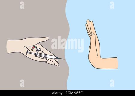 Refusal from drugs and pills concept. Human hand refusing and saying no to syringe narcotic drugs pills from human hand vector illustration Stock Vector