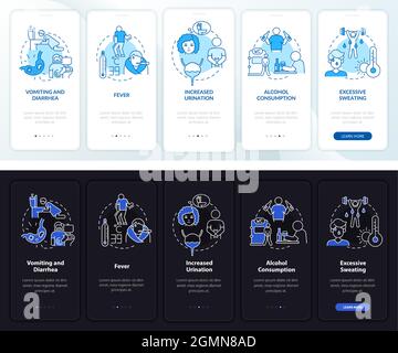 Dehydration causes light, dark onboarding mobile app page screen Stock Vector