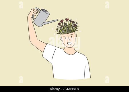 Creative ideas, development, individual growth concept. Young smiling happy man cartoon character standing watering head full of flowers blooming in pot vector illustration  Stock Vector