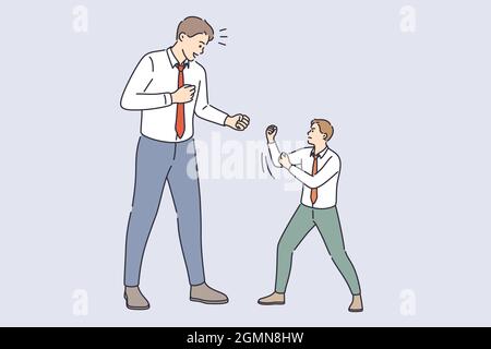 Business rivalry and contest concept. Big and little businessmen standing towards each other fighting defending and beating vector illustration  Stock Vector
