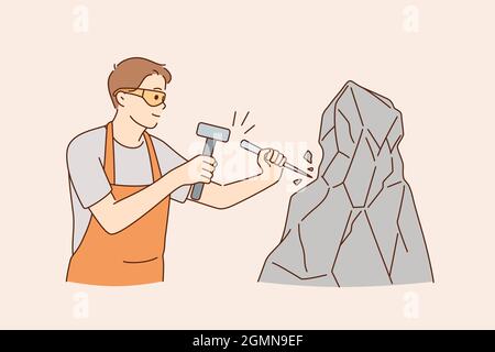 Working as stonecutter with tools concept. Young positive man stonecutter using hammer and stick to work with rock stone concrete wearing glasses and apron vector illustration  Stock Vector